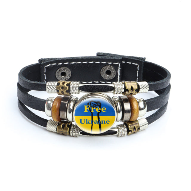 Multilayer Ukrainian Flag Symbol Leather Bracelets Trident Tryzub Ukraine Braided Bracelets Bangles Glass Cabochon Jewelry Gifts