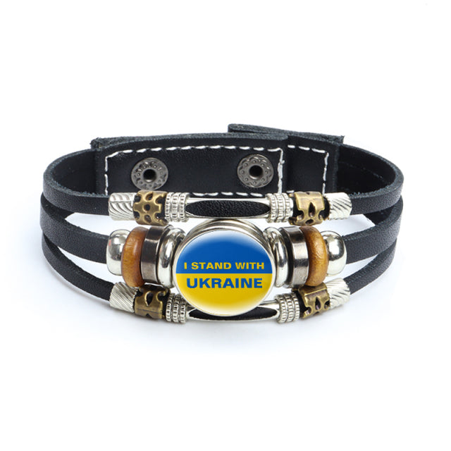 Multilayer Ukrainian Flag Symbol Leather Bracelets Trident Tryzub Ukraine Braided Bracelets Bangles Glass Cabochon Jewelry Gifts