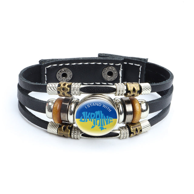 Multilayer Ukrainian Flag Symbol Leather Bracelets Trident Tryzub Ukraine Braided Bracelets Bangles Glass Cabochon Jewelry Gifts