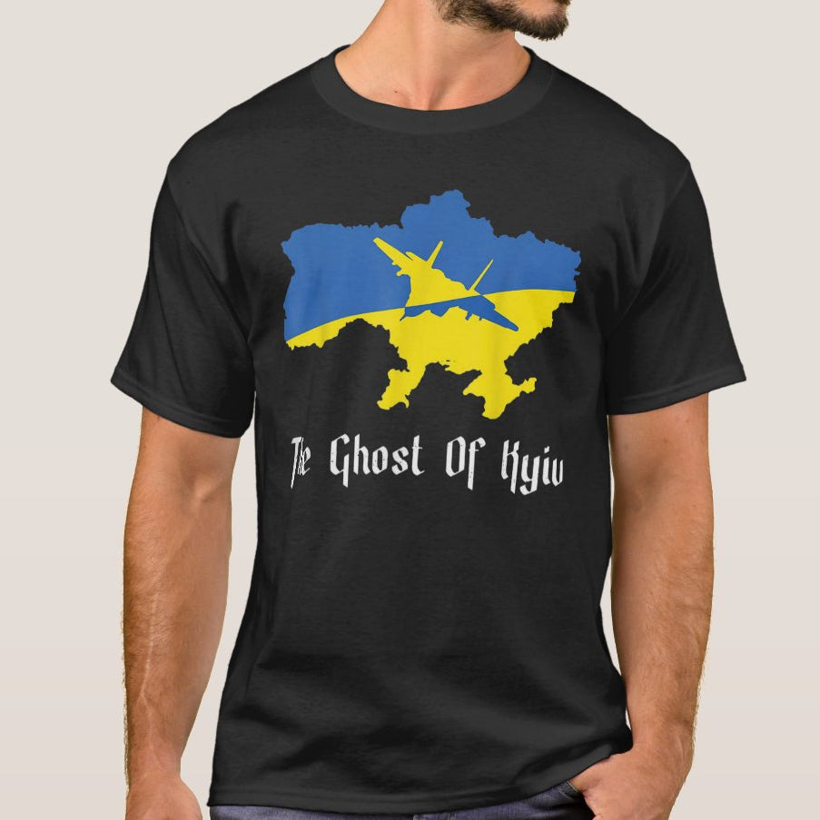 Ukrainian Flag Map Ghost of Kyiv T Shirt. Custom Premium Cotton