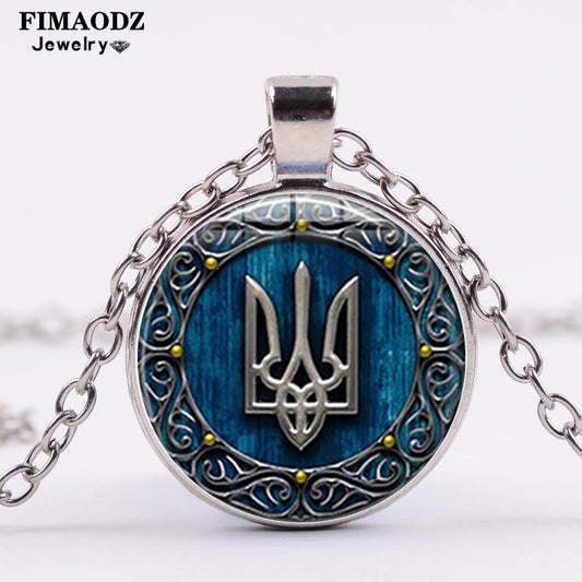 FIMAODZ Retro Tryzub Ukraine Necklace Ukrainian Symbol Glass Dome Pendant Necklaces for Men Jewelry