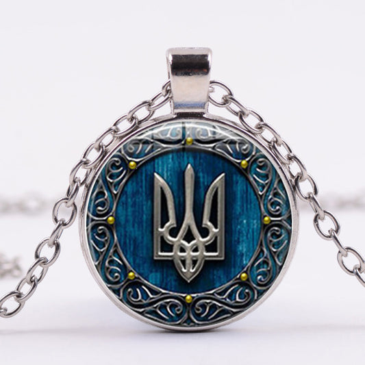 FIMAODZ Retro Tryzub Ukraine Necklace Ukrainian Symbol Glass Dome Pendant Necklaces for Men Jewelry