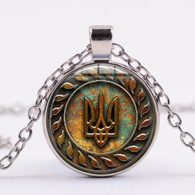 FIMAODZ Retro Tryzub Ukraine Necklace Ukrainian Symbol Glass Dome Pendant Necklaces for Men Jewelry