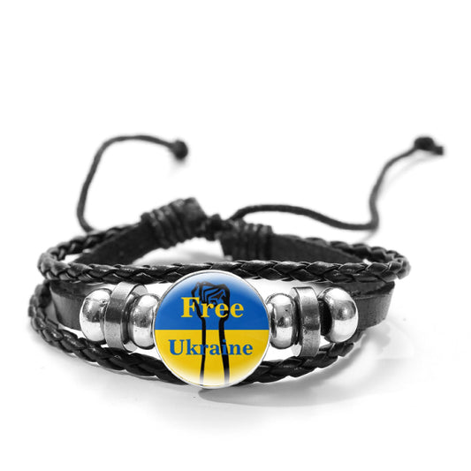 CHSXY Tryzub Ukraine Leather Bracelet Alloy Glass Dome Snap Button Charm Woven Wrap Bracelet Bangle Men Women Ukrainian Jewelry