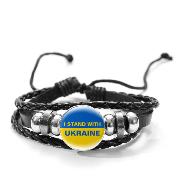CHSXY Tryzub Ukraine Leather Bracelet Alloy Glass Dome Snap Button Charm Woven Wrap Bracelet Bangle Men Women Ukrainian Jewelry