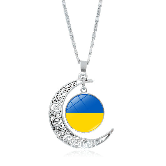 Ukraine Flag Crystal Necklace for Women Jewelry Silver Color Moon Pendant Ukrainian Flag Trident Symbol Glass Necklaces Choker