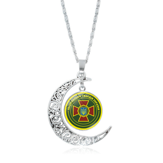 Ukraine Flag Crystal Necklace for Women Jewelry Silver Color Moon Pendant Ukrainian Flag Trident Symbol Glass Necklaces Choker