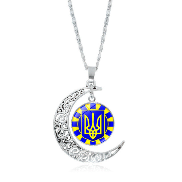 Ukraine Flag Crystal Necklace for Women Jewelry Silver Color Moon Pendant Ukrainian Flag Trident Symbol Glass Necklaces Choker