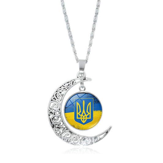 Ukraine Flag Crystal Necklace for Women Jewelry Silver Color Moon Pendant Ukrainian Flag Trident Symbol Glass Necklaces Choker