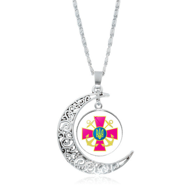 Ukraine Flag Crystal Necklace for Women Jewelry Silver Color Moon Pendant Ukrainian Flag Trident Symbol Glass Necklaces Choker