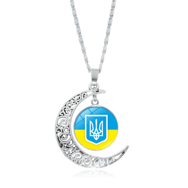 Ukraine Flag Crystal Necklace for Women Jewelry Silver Color Moon Pendant Ukrainian Flag Trident Symbol Glass Necklaces Choker