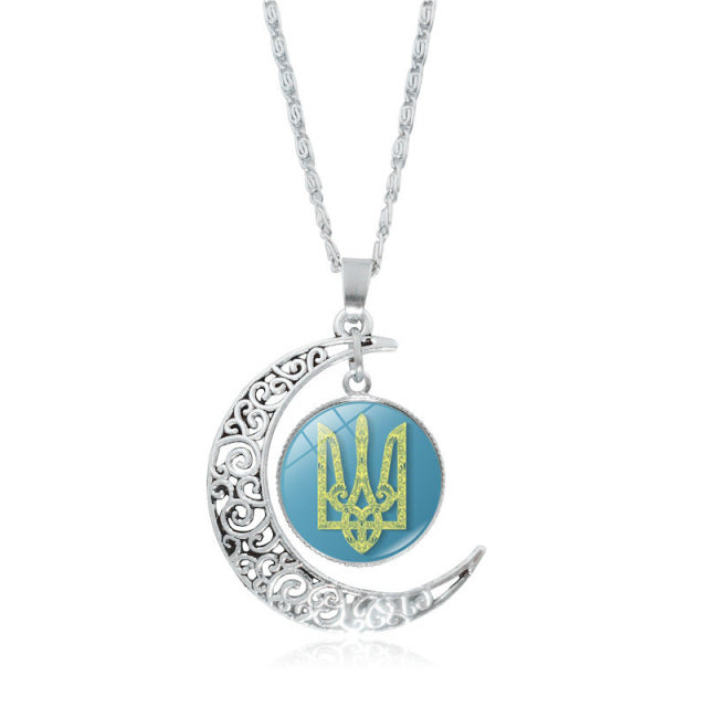 Ukraine Flag Crystal Necklace for Women Jewelry Silver Color Moon Pendant Ukrainian Flag Trident Symbol Glass Necklaces Choker