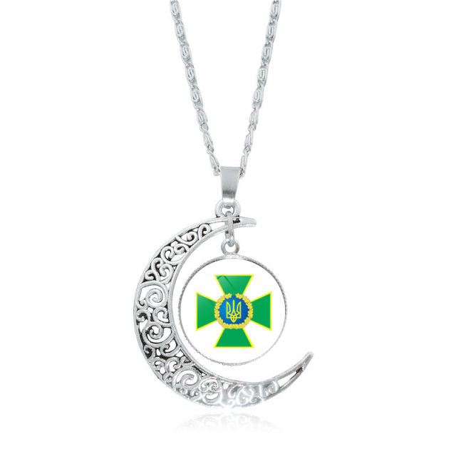 Ukraine Flag Crystal Necklace for Women Jewelry Silver Color Moon Pendant Ukrainian Flag Trident Symbol Glass Necklaces Choker