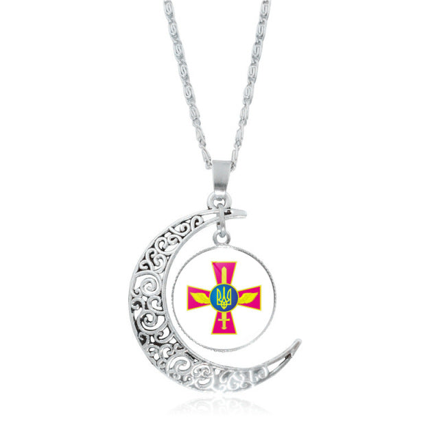 Ukraine Flag Crystal Necklace for Women Jewelry Silver Color Moon Pendant Ukrainian Flag Trident Symbol Glass Necklaces Choker