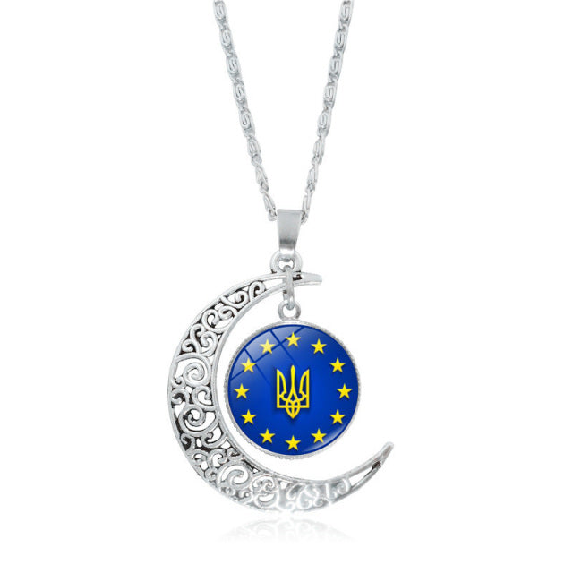 Ukraine Flag Crystal Necklace for Women Jewelry Silver Color Moon Pendant Ukrainian Flag Trident Symbol Glass Necklaces Choker