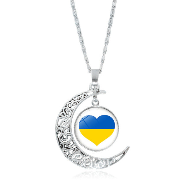 Ukraine Flag Crystal Necklace for Women Jewelry Silver Color Moon Pendant Ukrainian Flag Trident Symbol Glass Necklaces Choker