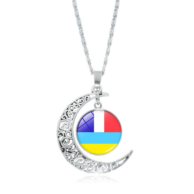 Ukraine Flag Crystal Necklace for Women Jewelry Silver Color Moon Pendant Ukrainian Flag Trident Symbol Glass Necklaces Choker