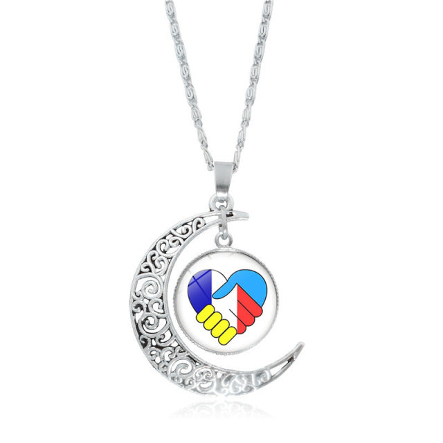 Ukraine Flag Crystal Necklace for Women Jewelry Silver Color Moon Pendant Ukrainian Flag Trident Symbol Glass Necklaces Choker