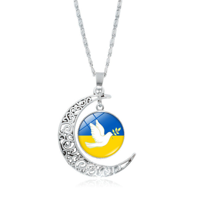 Ukraine Flag Crystal Necklace for Women Jewelry Silver Color Moon Pendant Ukrainian Flag Trident Symbol Glass Necklaces Choker