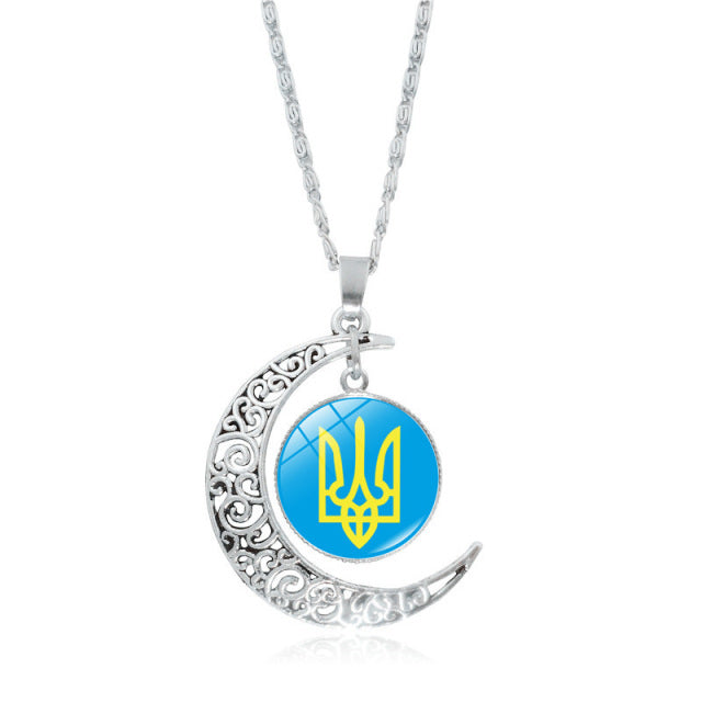 Ukraine Flag Crystal Necklace for Women Jewelry Silver Color Moon Pendant Ukrainian Flag Trident Symbol Glass Necklaces Choker