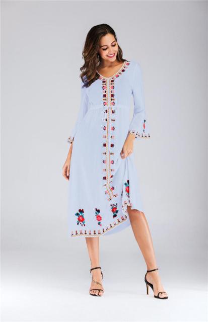 Ukrainian Embroidered Dress Vyshyvanka Boho Dress V-Neck Ethnic Summer Cocktail Vintage Flare Sleeve Mid-Calf Sleeve New Fashion