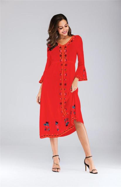 Ukrainian Embroidered Dress Vyshyvanka Boho Dress V-Neck Ethnic Summer Cocktail Vintage Flare Sleeve Mid-Calf Sleeve New Fashion