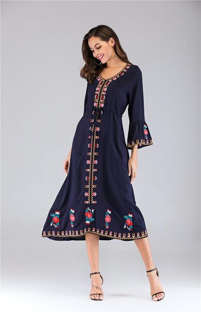 Ukrainian Embroidered Dress Vyshyvanka Boho Dress V-Neck Ethnic Summer Cocktail Vintage Flare Sleeve Mid-Calf Sleeve New Fashion