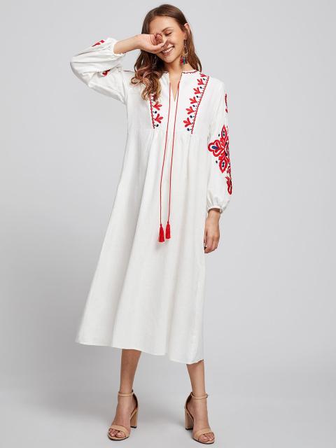 Fashion Ethnic Muslim Women Long Sleeve Maxi Dress Embroidery Arab Abaya Drawstring Dress Ukrainian Vyshyvanka Dresses Lady New