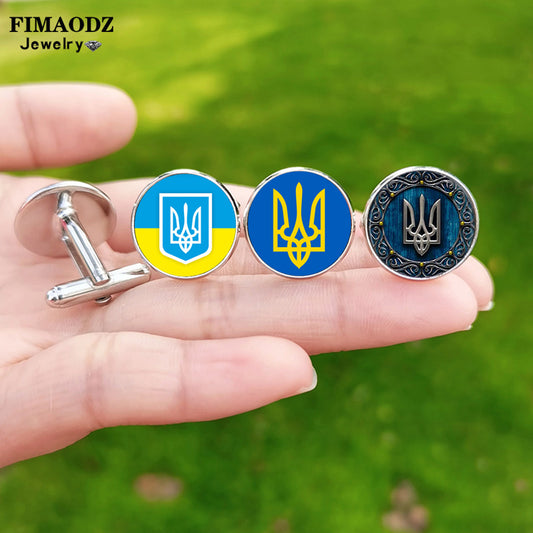 Tryzub Ukraine Symbol Cufflinks for Men Ukraine Flag Custom Glass Cabochon Metal Cuff Links High Quality Shirt Cuff Buttons Gift