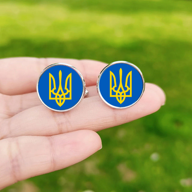 Tryzub Ukraine Symbol Cufflinks for Men Ukraine Flag Custom Glass Cabochon Metal Cuff Links High Quality Shirt Cuff Buttons Gift
