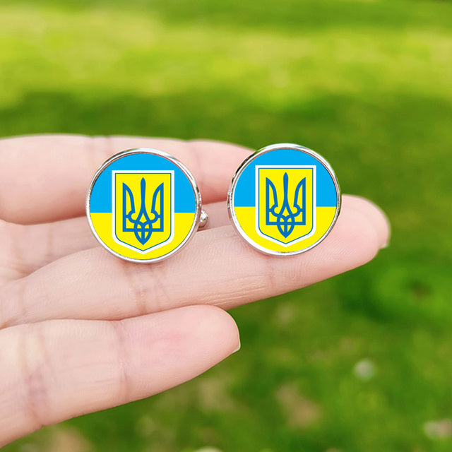 Tryzub Ukraine Symbol Cufflinks for Men Ukraine Flag Custom Glass Cabochon Metal Cuff Links High Quality Shirt Cuff Buttons Gift