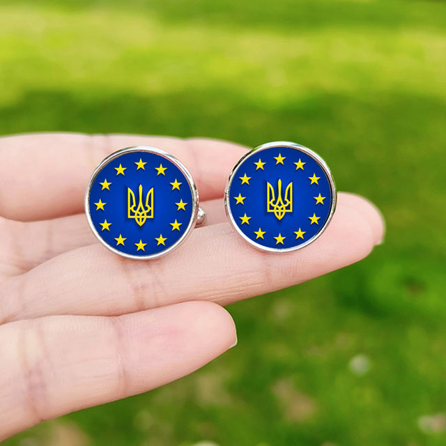 Tryzub Ukraine Symbol Cufflinks for Men Ukraine Flag Custom Glass Cabochon Metal Cuff Links High Quality Shirt Cuff Buttons Gift
