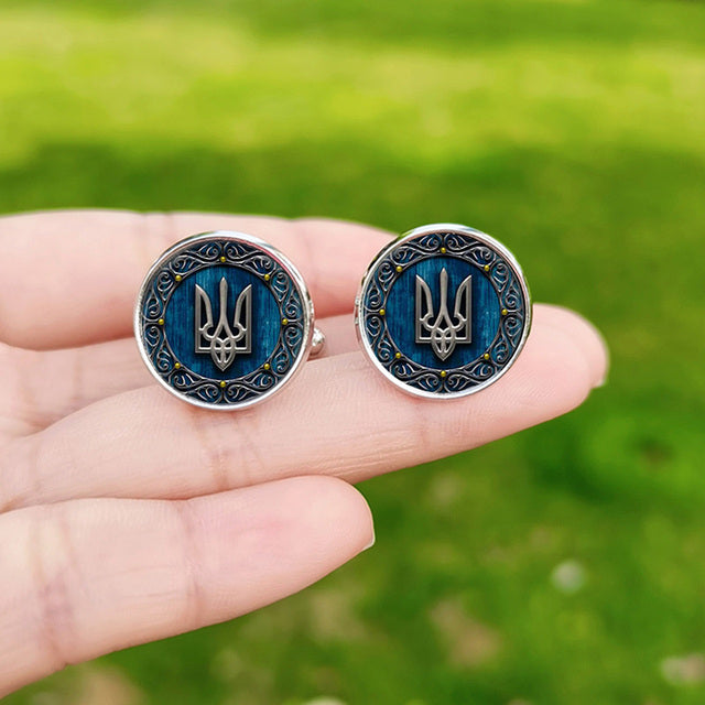 Tryzub Ukraine Symbol Cufflinks for Men Ukraine Flag Custom Glass Cabochon Metal Cuff Links High Quality Shirt Cuff Buttons Gift
