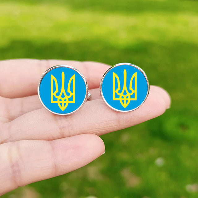 Tryzub Ukraine Symbol Cufflinks for Men Ukraine Flag Custom Glass Cabochon Metal Cuff Links High Quality Shirt Cuff Buttons Gift