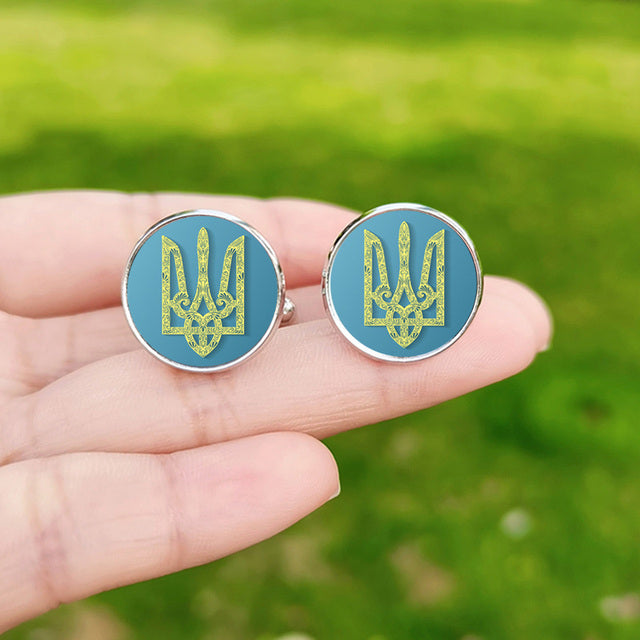 Tryzub Ukraine Symbol Cufflinks for Men Ukraine Flag Custom Glass Cabochon Metal Cuff Links High Quality Shirt Cuff Buttons Gift