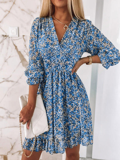 Elegant Retro Floral Print Flare Sleeve Mini Dress Spring Ruffle Loose Women Party Dress Casual V Neck Beach Pullover Dress 2022