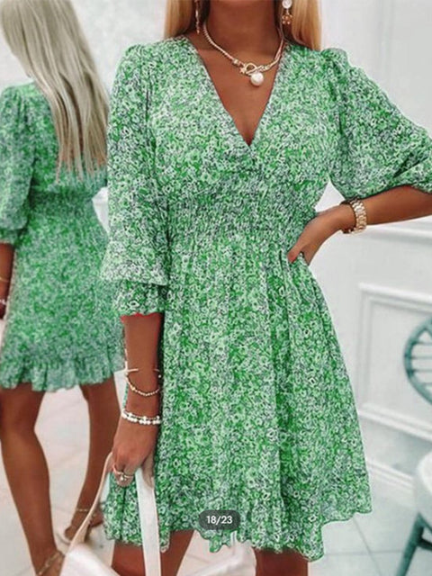 Elegant Retro Floral Print Flare Sleeve Mini Dress Spring Ruffle Loose Women Party Dress Casual V Neck Beach Pullover Dress 2022