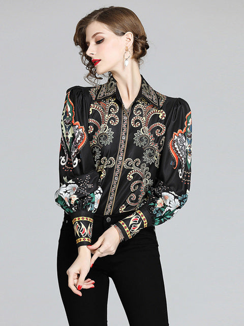 2022 Spring Autumn Fashion New Retro Blouse Female Field Totem Printing Lantern Sleeve Lapel Blusa All-match Shirt GK330