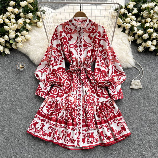 Palace Retro Dress 2022 Spring And Autumn New Stand-up Collar Print Lantern Sleeve Waist Tie Single-breasted Shirt Skirt