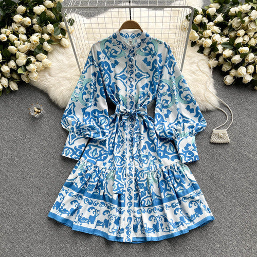 Palace Retro Dress 2022 Spring And Autumn New Stand-up Collar Print Lantern Sleeve Waist Tie Single-breasted Shirt Skirt