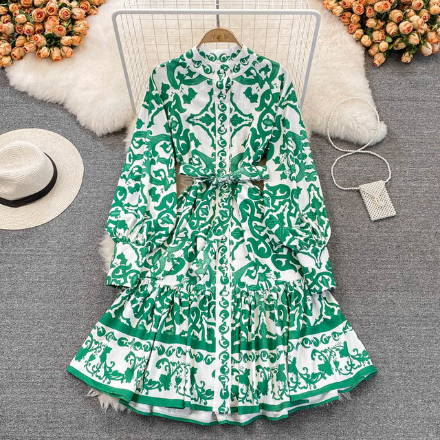 Palace Retro Dress 2022 Spring And Autumn New Stand-up Collar Print Lantern Sleeve Waist Tie Single-breasted Shirt Skirt