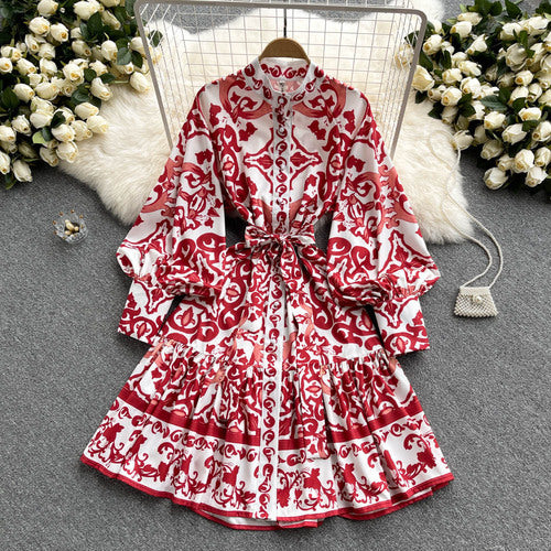 Palace Retro Dress 2022 Spring And Autumn New Stand-up Collar Print Lantern Sleeve Waist Tie Single-breasted Shirt Skirt
