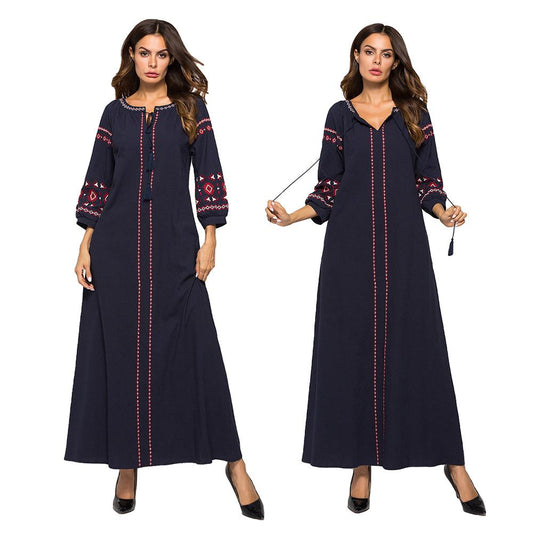 Abaya Muslim Women Long Dress Autumn Embroidery Ethnic Tassel Islam Drawstring Maxi Party Gown Clothing Kaftan Ukrainian Fashion