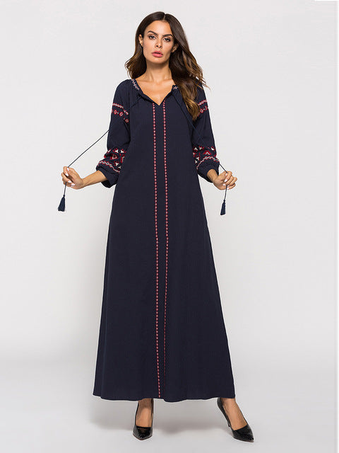 Abaya Muslim Women Long Dress Autumn Embroidery Ethnic Tassel Islam Drawstring Maxi Party Gown Clothing Kaftan Ukrainian Fashion