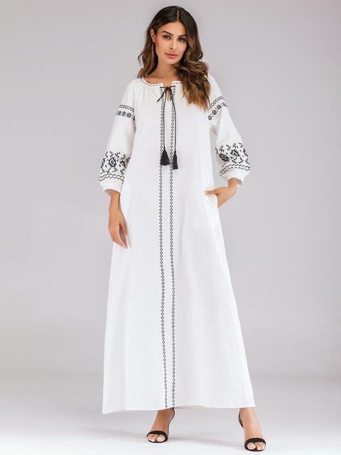 Abaya Muslim Women Long Dress Autumn Embroidery Ethnic Tassel Islam Drawstring Maxi Party Gown Clothing Kaftan Ukrainian Fashion