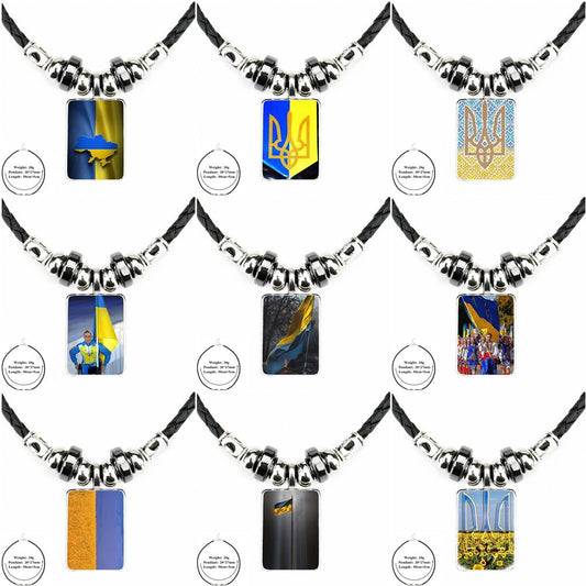 World Cup Ukrainian Flag Ukraine For Girls Handmade Gift Glass Cabochon Anime Jewelry Black Leather Bead Pendant Necklace