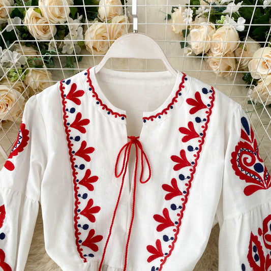 Women Autumn Dresses Bohemian Embroidered Flower O-Neck Lantern Sleeve High Waist Pleated Dress All-match Female Vestidos PL393