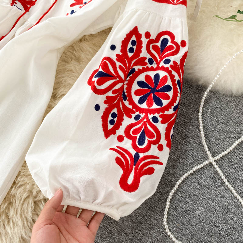 Women Autumn Dresses Bohemian Embroidered Flower O-Neck Lantern Sleeve High Waist Pleated Dress All-match Female Vestidos PL393