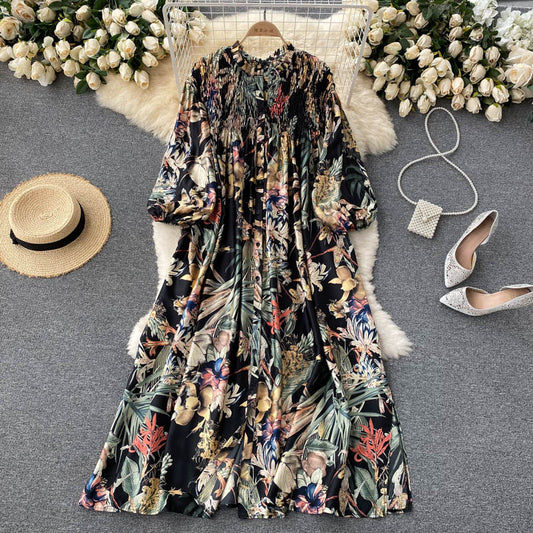 2021 New Autumn European American Vestidos Women's Round Neck Puff Sleeve Printed Holiday Midi Dress DK1334