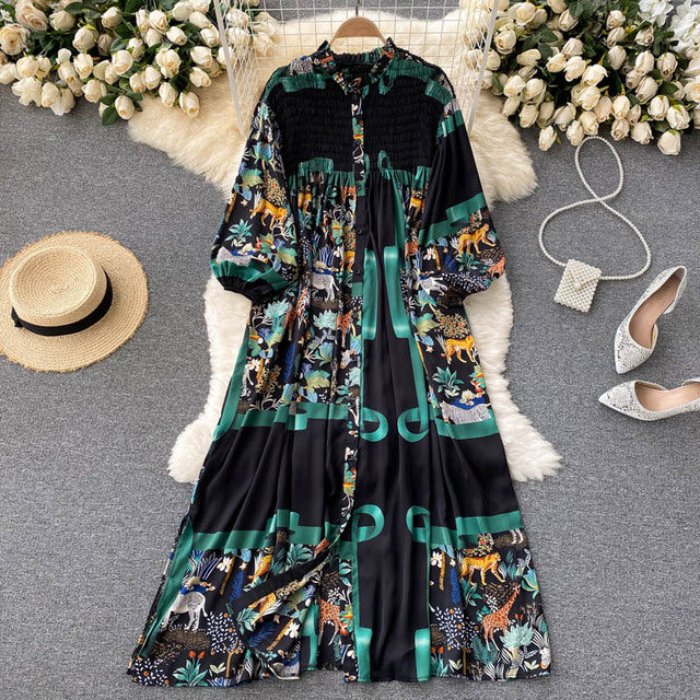 2021 New Autumn European American Vestidos Women's Round Neck Puff Sleeve Printed Holiday Midi Dress DK1334